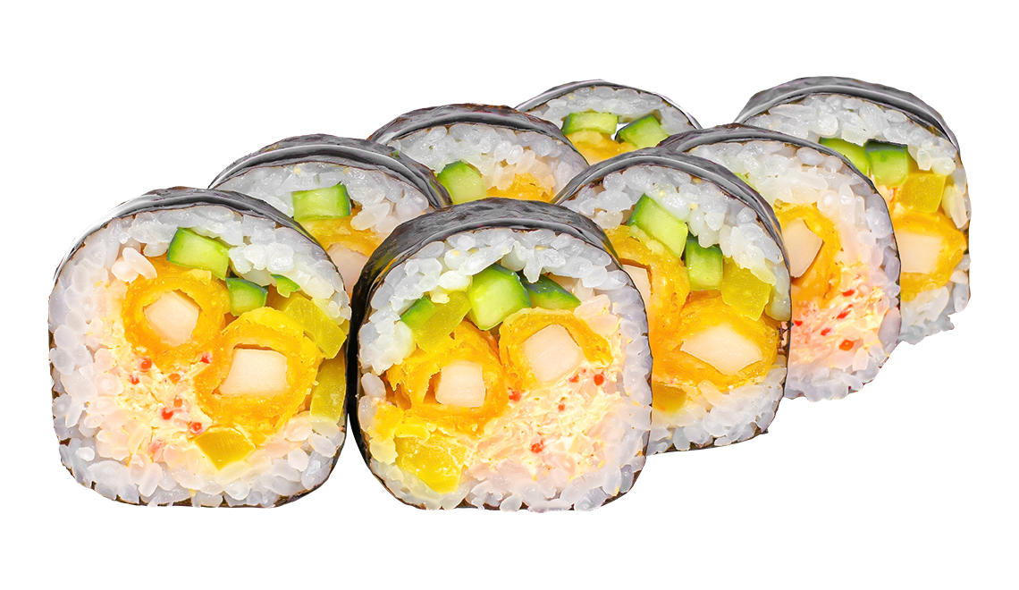 Рол Икигай с калмар, краб микс, дайкон и унаги