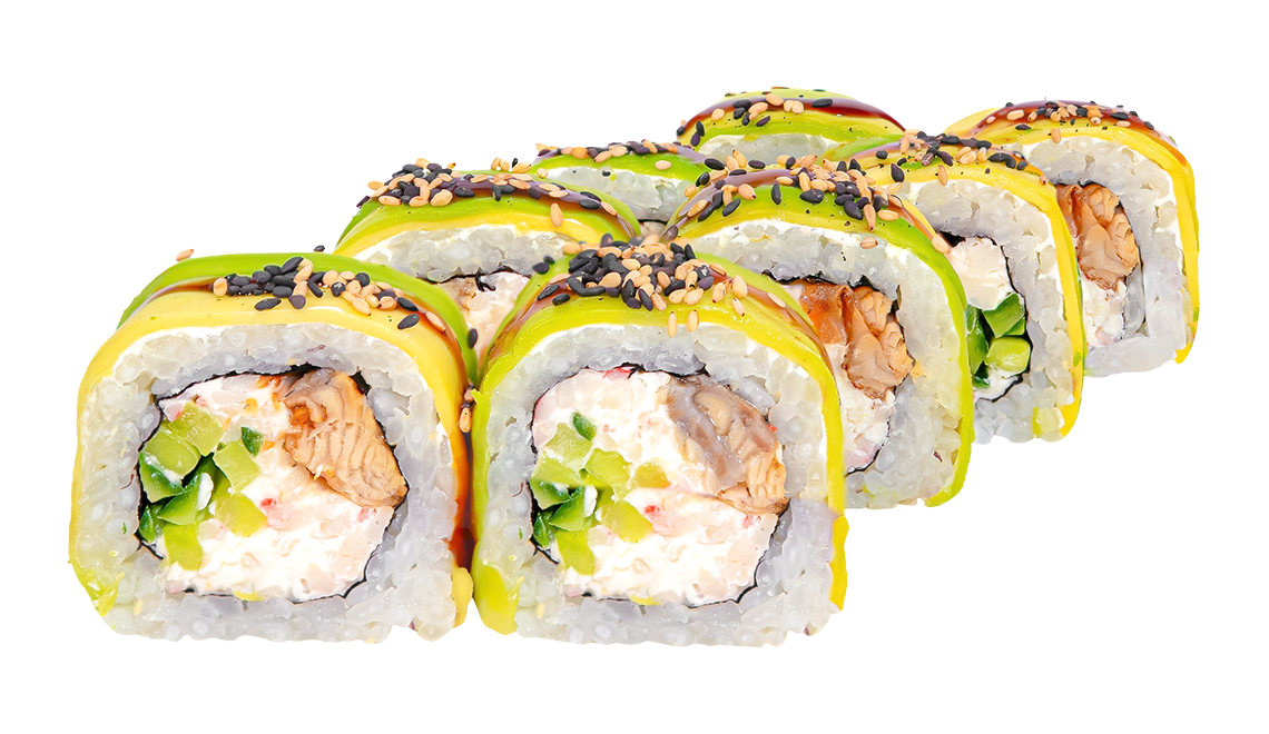 Рол Зелен дракон с авокадо отгоре и глазура унаги