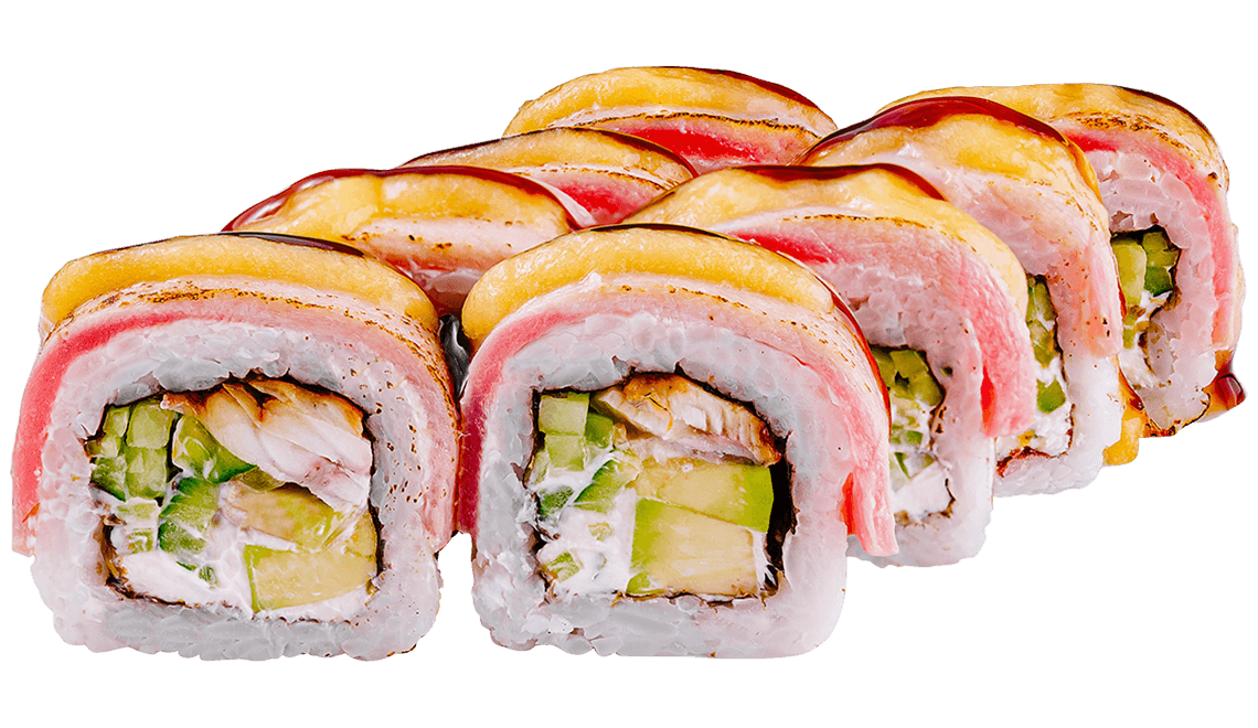 Рол Татаки риба тон, авокадо и сосове Срирча и глазура.