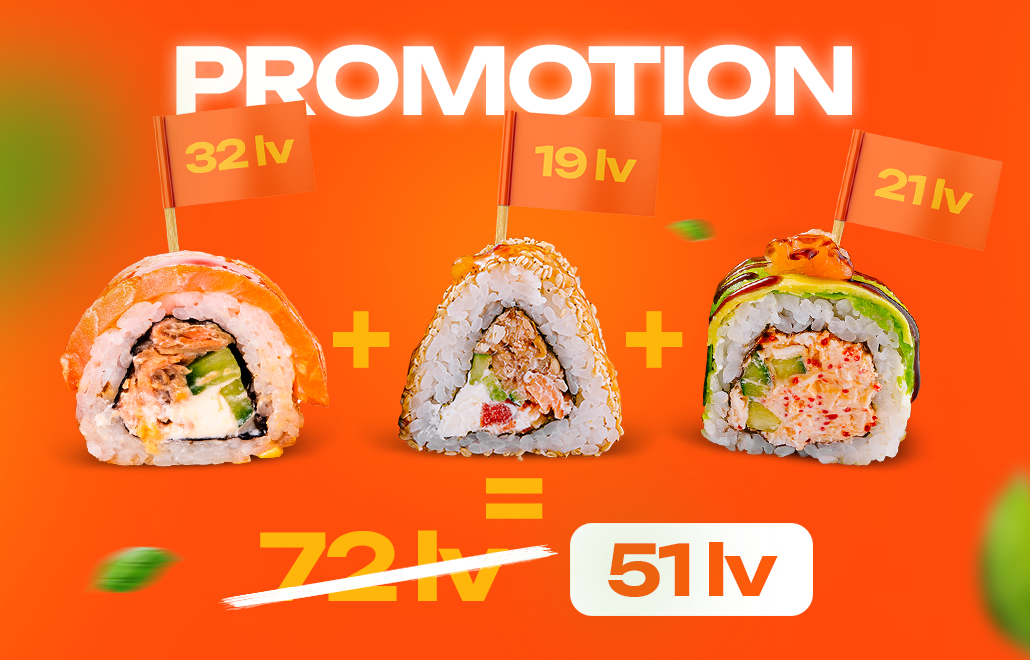 Sushi rolls promotion – 3 rolls for the price of 2 with free Green Ninja roll, sushi delivery by SUNRISE